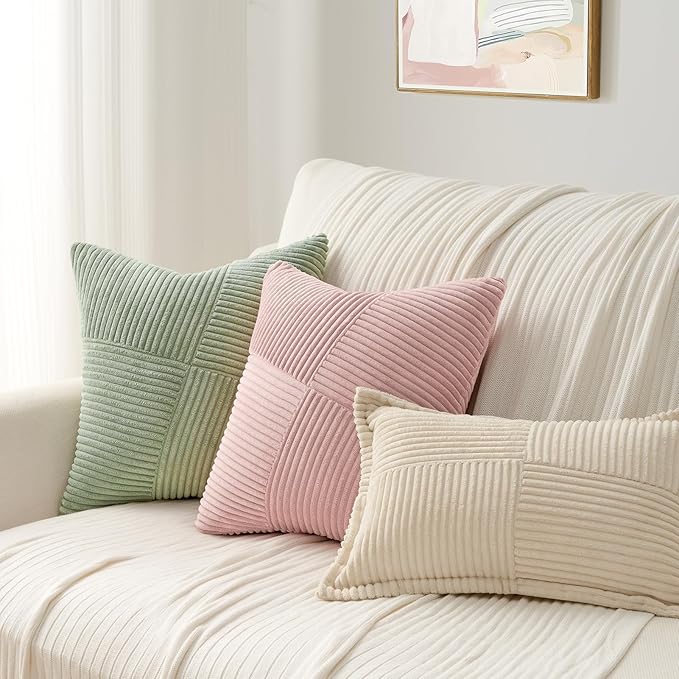 Topfinel Set of 2 Pink Decorative Yellow Throw Pillow Covers 12x12 Inch, Soft Corduroy Pillow Covers Windmill Textured Striped Patchwork Cushion Cases for Couch Sofa Bed Cute Aesthetic Home Decor