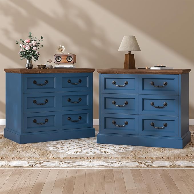 27.6" Wide Farmhouse Nightstand with Charging Station, 3 Drawer Nightstands Set of 2, Larger Side Table End Table, Modern Night Stand for Bedroom, Living Room, Blue Nightstand