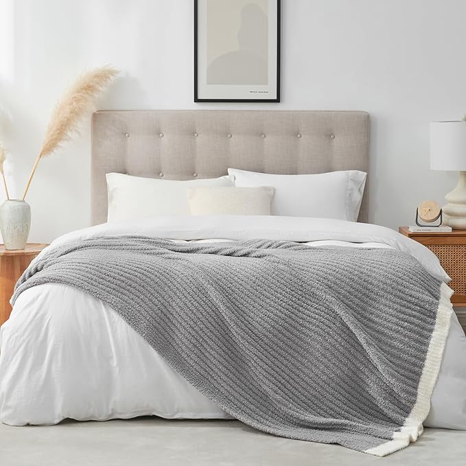 Snuggle Sac Ribbed King Size Blanket for Bed, Cozy Soft Fuzzy Microfiber Knit Stripe Bedding Blankets, Grey, 108x90 inches