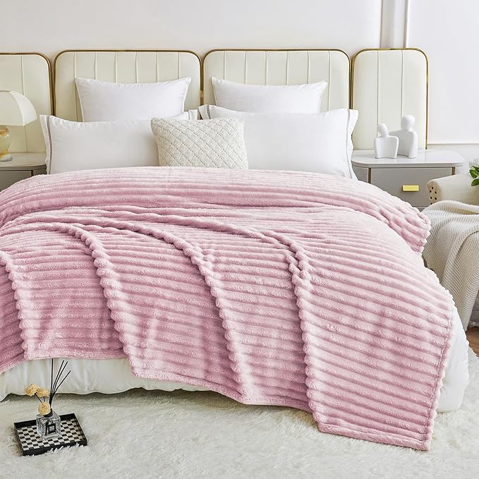 Comelady Fleece Blanket Queen Size for Bed,3D Ribbed Jacquard Warm Fluffy Throw Blanket for Couch Sofa Room Decor-Lightweight Cozy Fuzzy Blanket for All Seasons(Pink,90"×90")