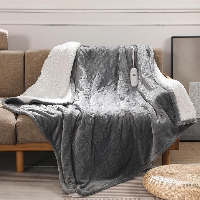 Electric Throw Blanket Heated Throw 50''x60''- Wheat Pattern Flannel & Sherpa Heated Lap Blanket with 5 Heat Settings & 4-Hour Auto Shut-Off, ETL & FCC Certified, Machine Washable Home Use, Grey