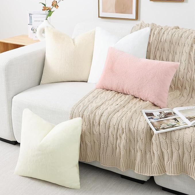 Pallene Faux Fur Plush Throw Pillow Covers 26x26 Set of 2, Luxury Soft Fluffy Cozy Decorative Pillow Covers for Sofa, Couch, Living Room, Blush Pink