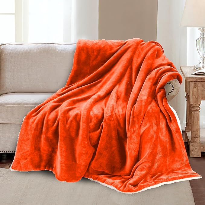 Mocassi Premium Ultra-Soft Velvet Touch Flannel Fleece Sherpa Throw - Warm Cozy Reversible Plush Micromink Throw Blanket for Couch, Bed and Sofa - Fluffy, Christmas Winter Bedding Gift, Orange