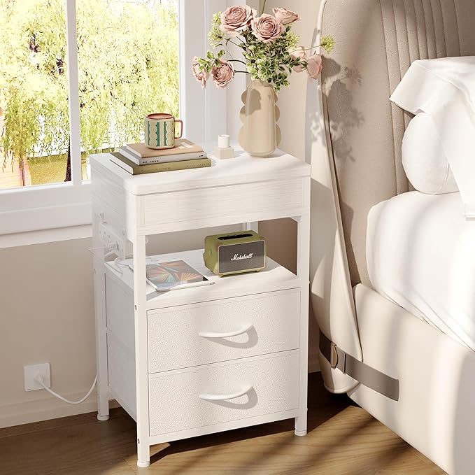 Nightstand Bedside Table Hidden Drawer - Night Stand with Charging Station and Sliding Top Storage, Bed Side Table with 2 Fabric Drawers, Modern Nightstand for Bedroom Dorm Living Room, White