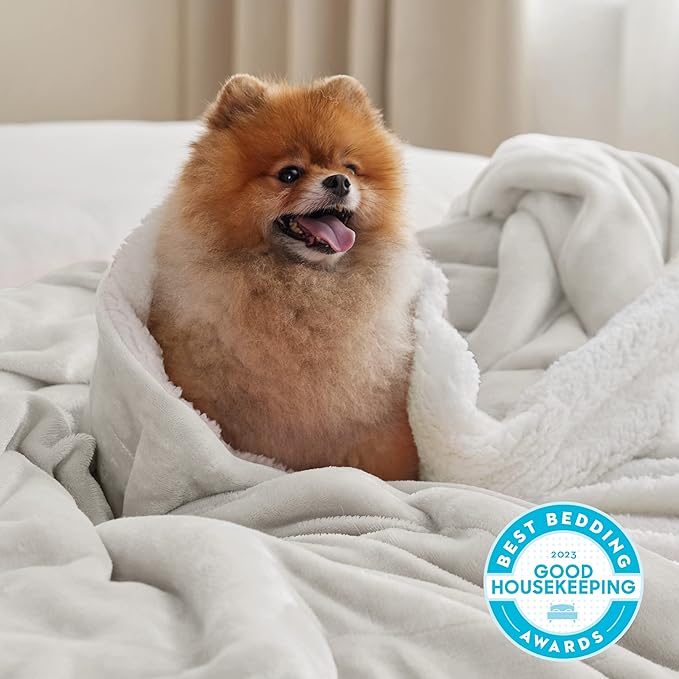 Bedsure GentleSoft Sherpa Fleece Blanket Queen Size for Bed, Non-Heated, Thick and Warm Throw for Women and Men, Soft Fuzzy Plush Queen Blanket for Winter, Linen, 90x90 Inches