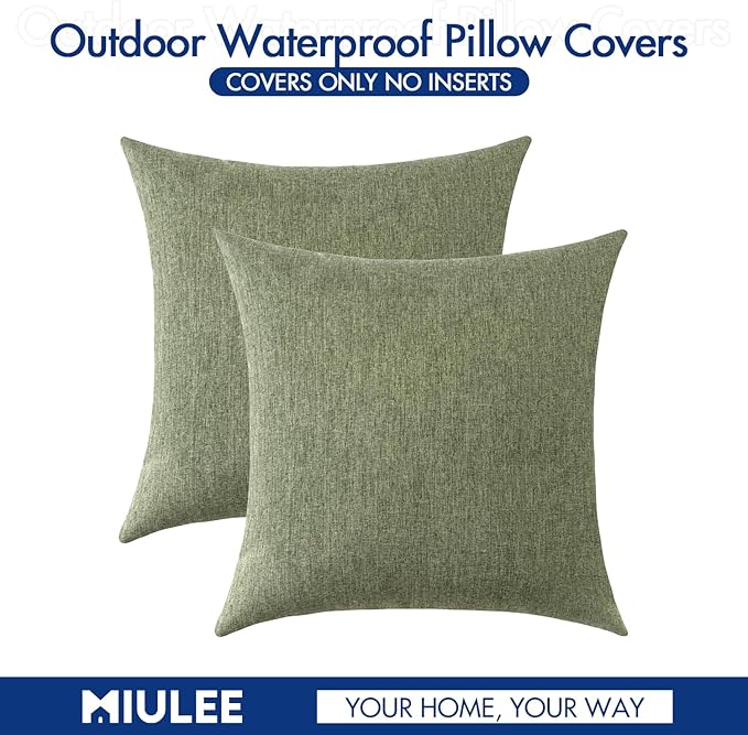 MIULEE Pack of 2 Decorative Outdoor Solid Waterproof Throw Pillow Covers Spring Faux Linen Garden Farmhouse Cushion Cases for Patio Tent Balcony Couch Sofa 16x16 Inch Gray Green