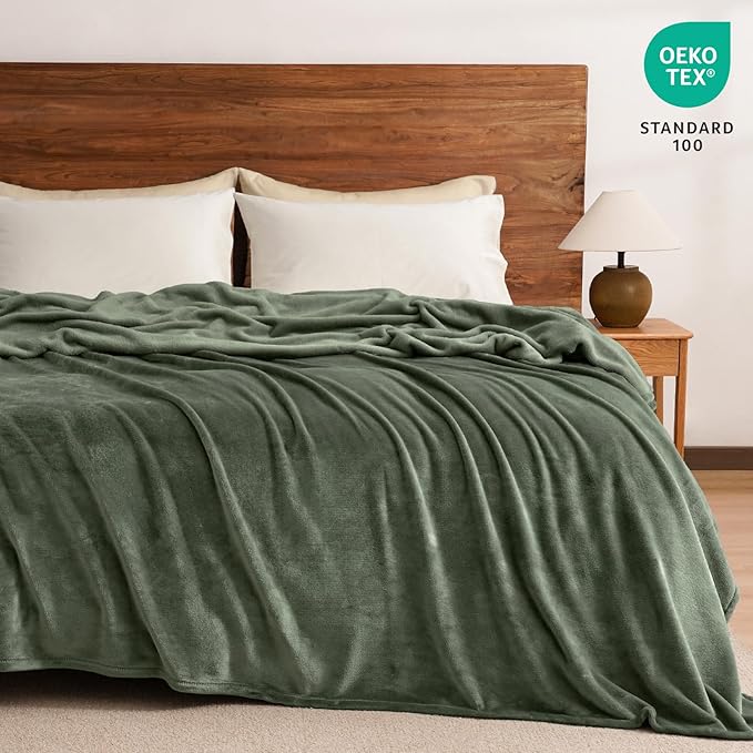 PHF Ultra Soft Fleece Blanket Queen Size, No Shed No Pilling Luxury Plush Cozy 300GSM Lightweight Blanket for Bed, Couch, Chair, Sofa Suitable for All Season, 90" x 90", Olive Green