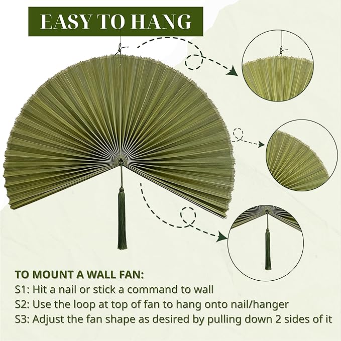 ChumDecor Fan Wall Decor, Japanese Giant Fan, Large Bamboo Fan Wall Art For Boho Hanging Headboard, Decorative Folding Fans For Over Bed, Asia Trending (Army Green 40inch)