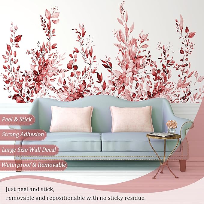 Burgundy Red Plants Leaves Wall Decals Peel and Stick, Large Floral Flowers Vinyl Wall Stickers, Removable Vine Home Decor Art for Bedroom Living Room Classroom Office