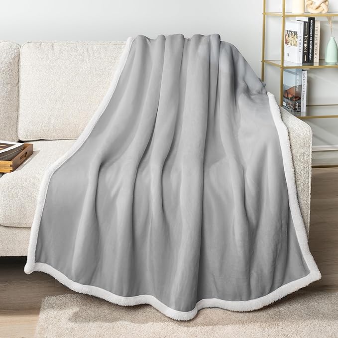 Pavilia Sherpa Fleece Blanket for Bed, Queen Size, Light Grey, Plush Soft Fuzzy, Cozy Reversible Winter Blanket for Women & Men, 90x90 Inches