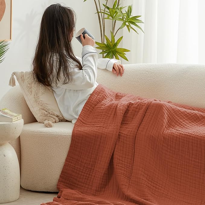 Love's cabin 100% Cotton Muslin Blanket, 6 Layer Lightweight Breathable Gauze Large Throw Blanket 50 x 70 Inches, Soft Cooling All Season Blanket for Couch or Sofa, Orange