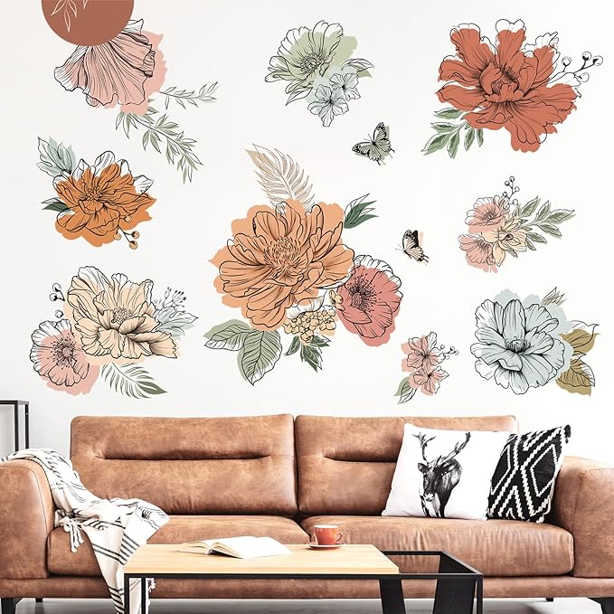 decalmile Boho Vintage Large Flower Wall Decals Bohemian Retro Floral Sun Butterfly Wall Stickers Living Room Bedroom Office Wall Decor