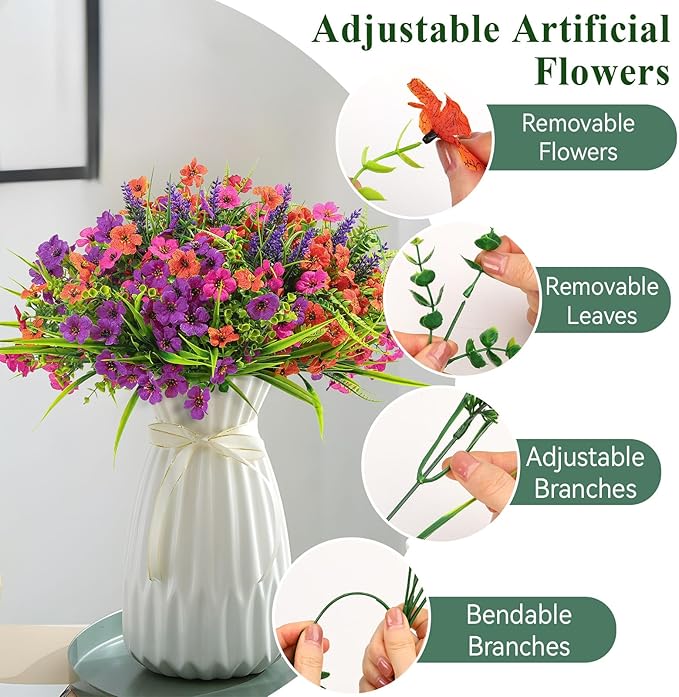 Alupssuc 24 Bundles Artificial Flowers for Outdoors Spring Summer Decoration, UV Resistant Eucalyptus Violet and Lavender Silk Fake Plants for Outside Indoor Yard Home Patio Decor, Orange Rose Purple