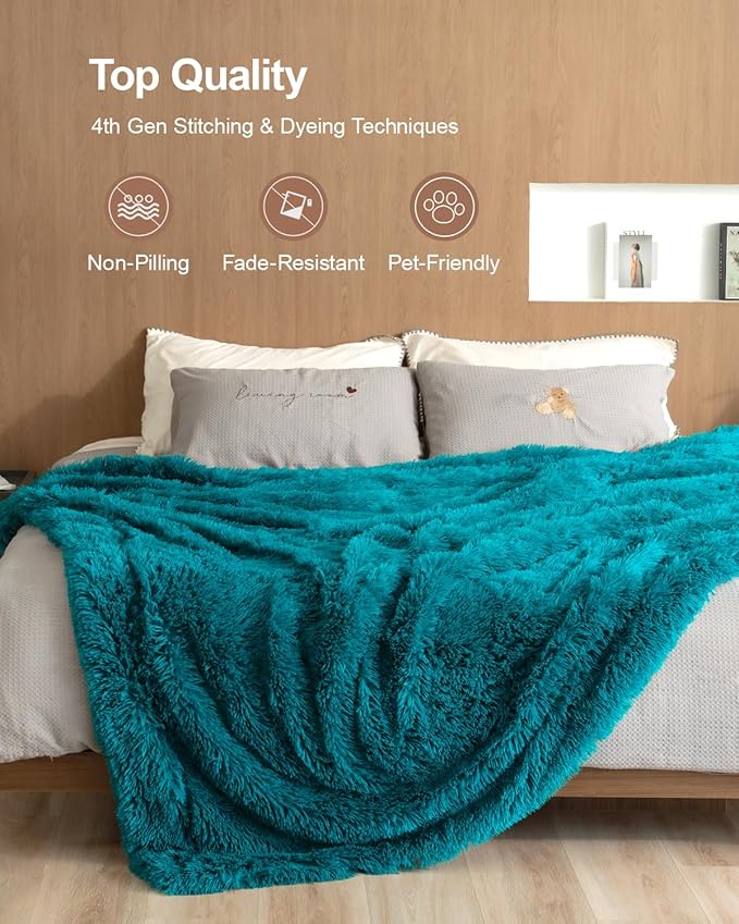 Pawque Sherpa Fleece Blanket Twin Size Teal Green - Faux Fur Fluffy Warm Plush Blankets for Bed, Cozy Thick Lightweight Reversible Decor for Winter Sofa Couch, 60x80 inches