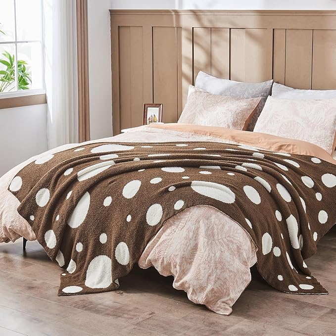 CozeCube Super Soft Fullfy Microfiber Reversible Knitted Blankets, Warm Cozy Fuzzy Plush Throw, Dark Brown and White Polka Dot Throw Blanket for Couch Bed Sofa, 60" x 80"