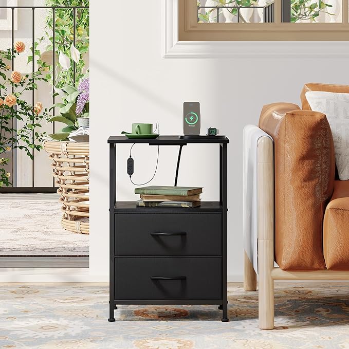 Somdot Nightstands Set of 2,End Tables with Charging Station and LED Lights,Black Night Stand with 2 Fabric Drawers, Bedside Table for Dorm Guest Room Bedside Kids Entryway Hallway, Black