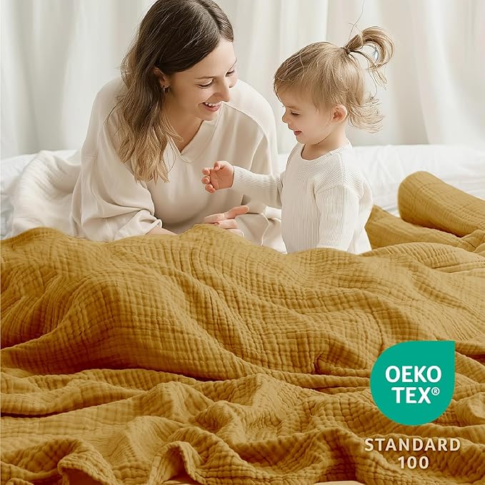 100% Cotton Muslin Blanket Queen 90" x 90", 6 Layers Breathable and Lightweight Cotton Throw Blankets for Bed, Soft Cooling Summer Gauze Blanket for Adults All Season, Mustard