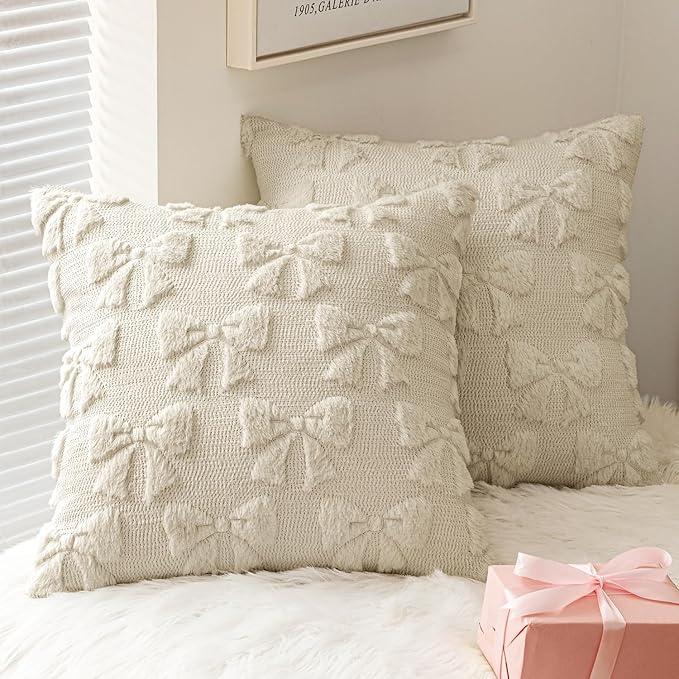 MIULEE Beige Bow Pillow Covers Coquette Room Decor Aesthetic Set of 2 Spring Decorative Cute Girl Soft Plush Faux Pillowcase for Preppy Room Decor Bedroom Couch,18x18 Inch