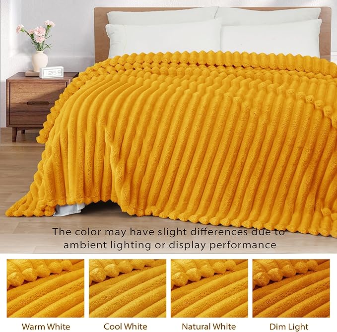 Exclusivo Mezcla Queen Size Flannel Fleece Blanket, Super Soft Striped Jacquard Bed Blanket, Lightweight Fuzzy Cozy for All Seasons, 90x90 Inches, Mustard Yellow