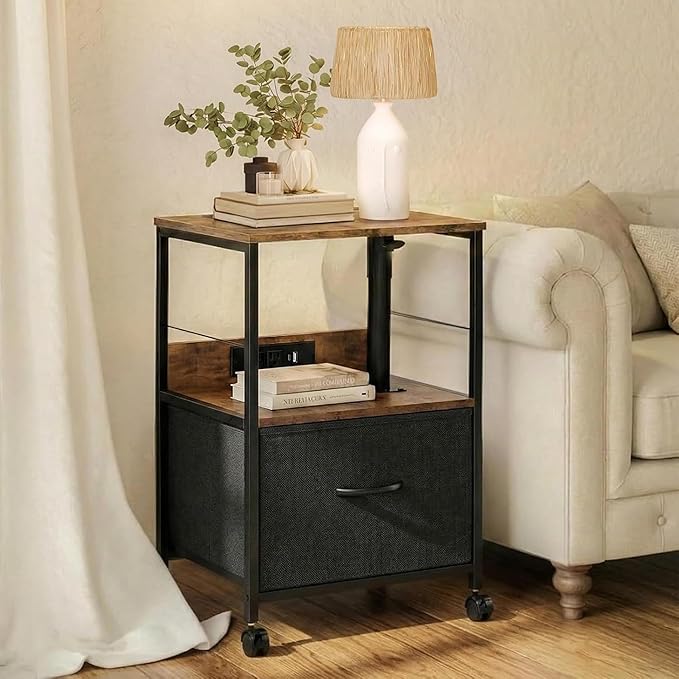 360° Swivel Nightstand with Height Adjustable, Lift Top Bedside Table with Charging Station, Rolling Night Stand with Fabric Drawer, End Table with Wheels, for Bedroom, Living Room, Brown Black