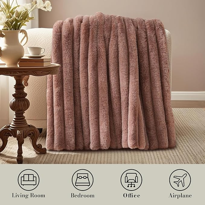 Amélie Home Faux Fur Throw Blanket for Couch, Ultra Cozy Fuzzy Fluffy Fur Luxurious Soft Striped Plush Gift Blankets for Family Sofa Chair Bedroom, 60"x80", Cationic Fox Pink Brown