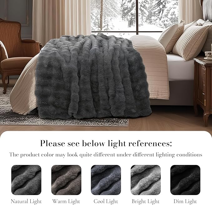 Amélie Home Faux Fur Throw Blanket for Couch, Ultra Soft Fuzzy Plush Bubble Throw for Sofa, Living Room & Home Decor, 50"x60", Cationic Wolf Gray