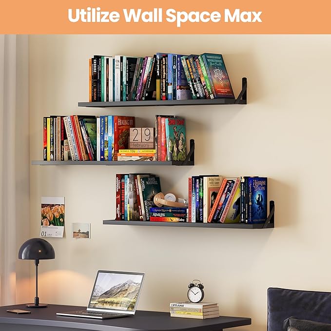 upsimples 35.4 Inches Floating Book Shelves for Wall, Long Floating Wood Shelves for Living Room, Library, Bedroom, Office Organizer and Storage, Black