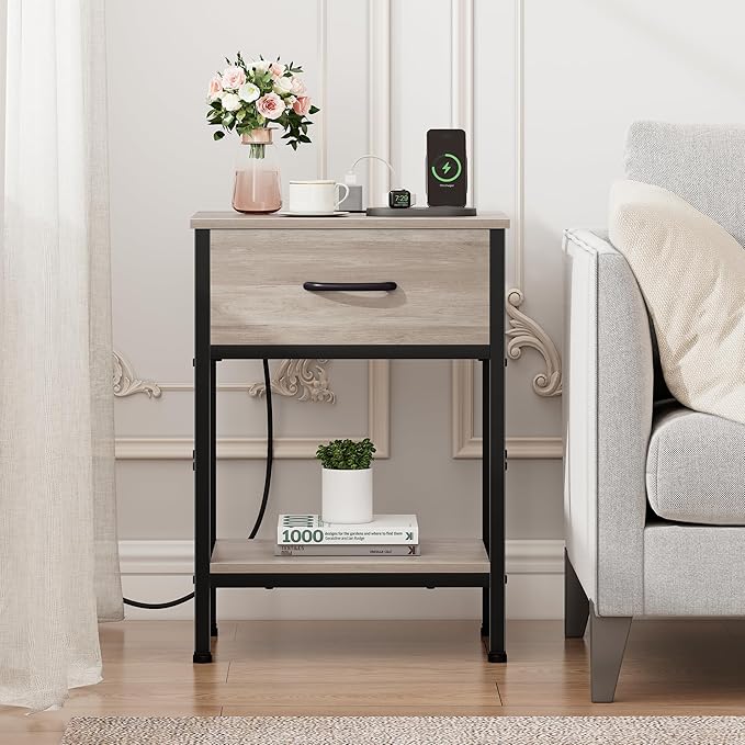 Vagusicc Nightstand with Charging Station, End Table with Fabric Drawer, Small Side Table with 2-Tier Storage Shelves, 25.4" Tall Night Stand, Bedside Table for Bedroom, Living Room, Dorm, Greige
