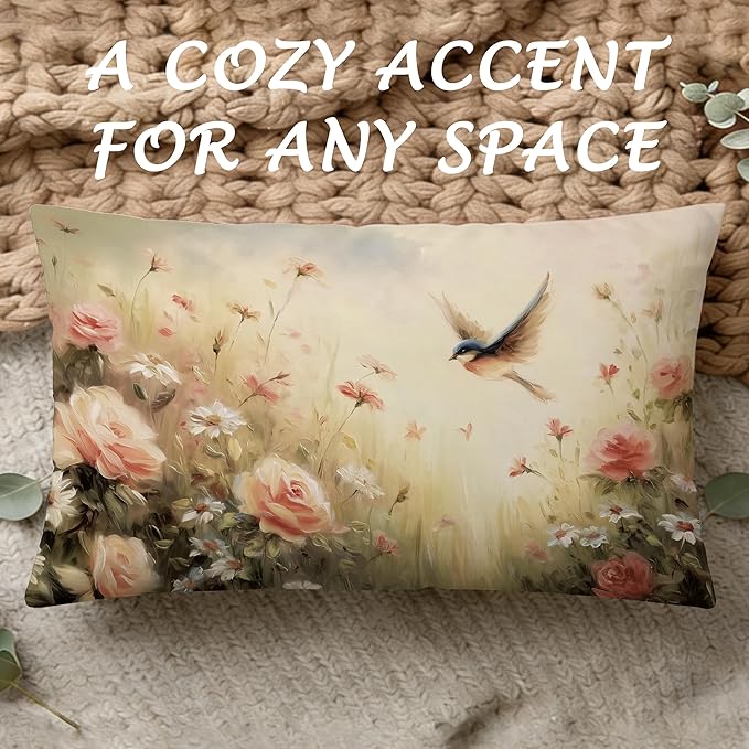 Vintage Spring Floral Bird Lumbar Pillow Cover 12x20 Double-Sided, Cottagecore Room Home Decor, Pastel Pink Rose Wildflower Decorative Throw Pillow Cover for Living Room Home Bedroom