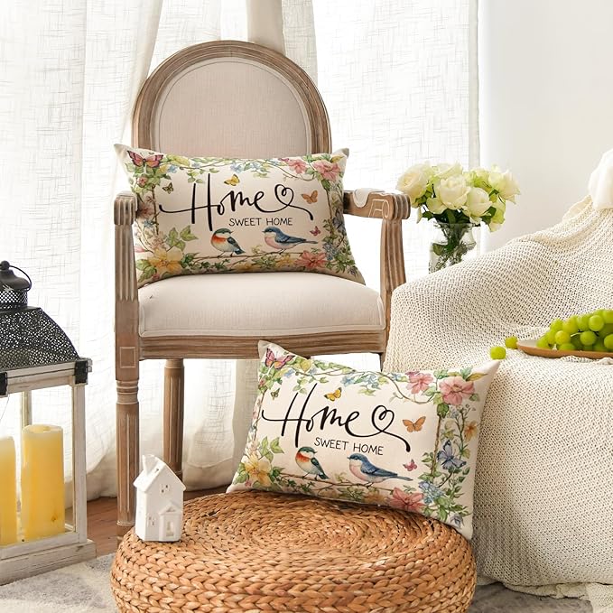 AVOIN colorlife Home Sweet Home Birds Floral Throw Pillow Covers, 12 x 20 Inch Spring Summer Flowers Cushion Case Decoration for Sofa Couch Living Room Bedroom Decor Set of 2