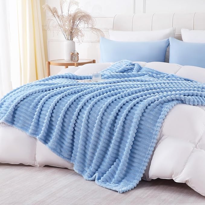 Light Blue Throw Blanket for Couch Sofa 60x80 inches Striped Fleece Blankets Room Home Decor Lightweight Plush Soft Cozy Gifts for Women Mom Girls