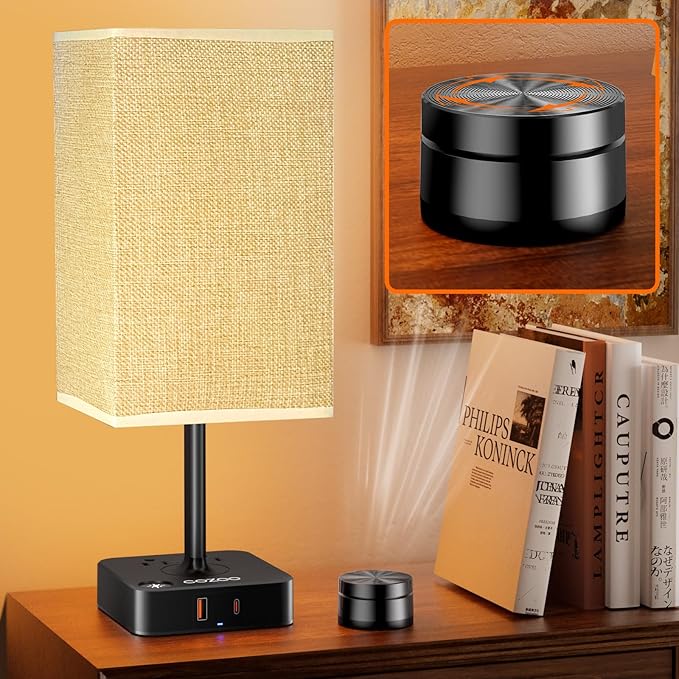 Bedside Lamp with Remote Control & Dimmable Light, 2 AC Outlets + USB-C/USB-A Charging Ports, Beige Shade Nightstand Table Desk Lamp for Bedroom, Living Room, Home Office Decor | College Essentials