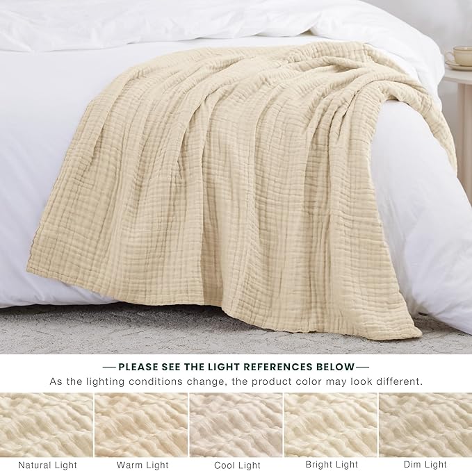 Love's cabin 100% Cotton Muslin Blanket, 6 Layer Lightweight Breathable Gauze Large Throw Blanket 50 x 70 Inches, Soft Cooling All Season Blanket for Couch or Sofa, Beige