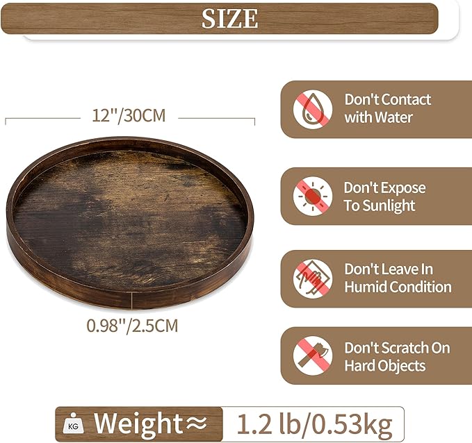 Hanobe DecorativeTray for Coffee Table : Round Vintage Brown Wood Trays for Home Decor - Farmhouse Circle Ottoman Plate for Kitchen Centerpiece Counter Display Living Room 12"