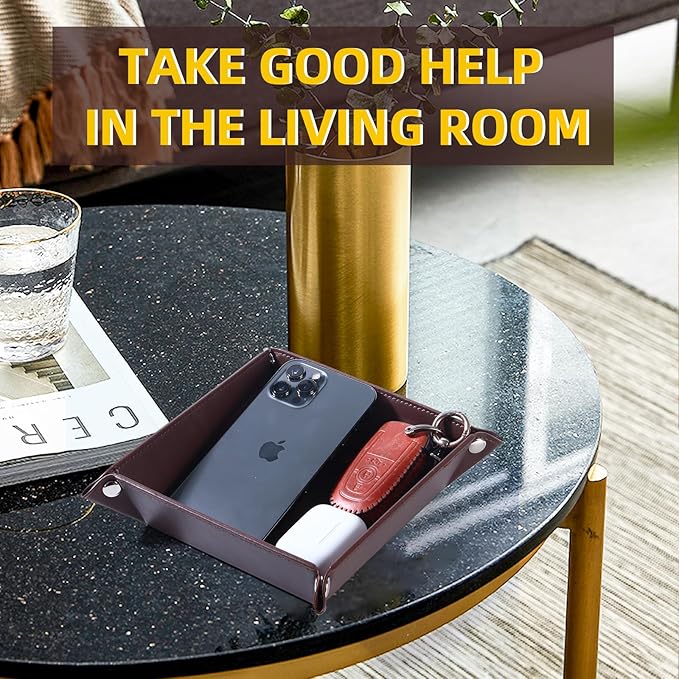 Valet Tray for Men Women 2 Pack - PU Leather Travel Catchall Tray Organizer - Desk Bedside Nightstand Storage Box for Jewelry Key Phone Remote Controller Wallet Watch Glasses Readers -Square