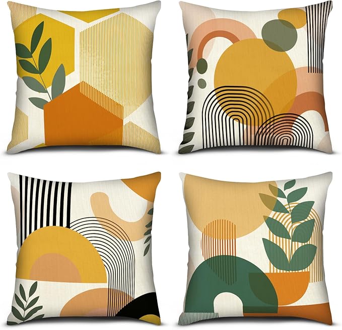 PICKFORU Boho Throw Pillow Covers Set of 4, 18x18 inch Abstract Yellow Green Throw Pillowcase Modern Art Cushion Case for Couch Sofa