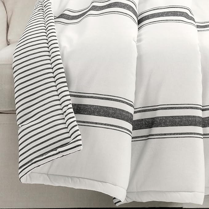 Lush Decor Farmhouse Stripe Reversible Throw, Single, 50" W x 60" L, Black - Classic Modern Rustic Charm - Cozy Soft Single Pinstripe Print Blanket