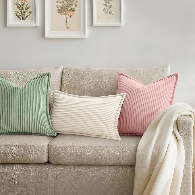Mecatny Corduroy Throw Pillow Covers 12x20 Set of 2, Neutral Decorative Soft Boho Lumbar Couch Pillow Covers with Broadside for Sofa Living Room, Sage Green