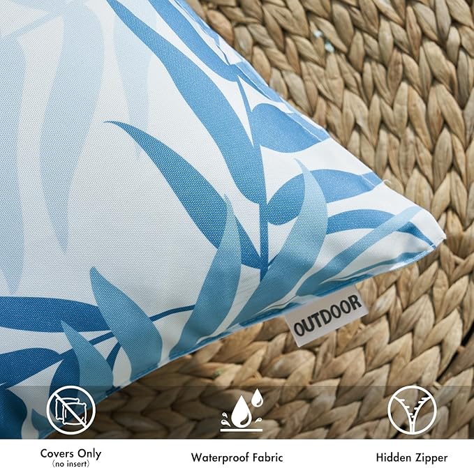 MIULEE Pack of 2 Decorative Outdoor Waterproof Throw Pillow Covers Patio Pillow Cases Natural Leaves Pattern Spring Square Cushion Shams Shell for Garden Balcony Couch 12x20 Inch, Light Blue