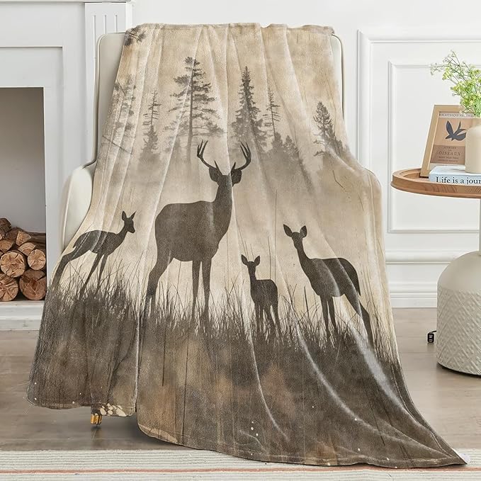 Vintage Deer Blanket Nature Wildlife Art with Rustic Forest Silhouette Throw Blankets Lightweight Flannel Throws for Camping Couch Chair Bed Home Decor Gifts for Animal Lover,60x50inch