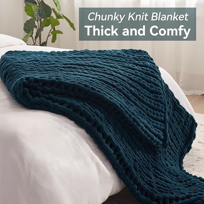 Chunky Knit Throw Blanket, 80''*90'' Knitted Throw Chenille Yarn for Bed Couch, Handmade Peacock Blue Crochet Big Thick Blanket, Machine Washable Cute Comfy Blanket for Home Decor