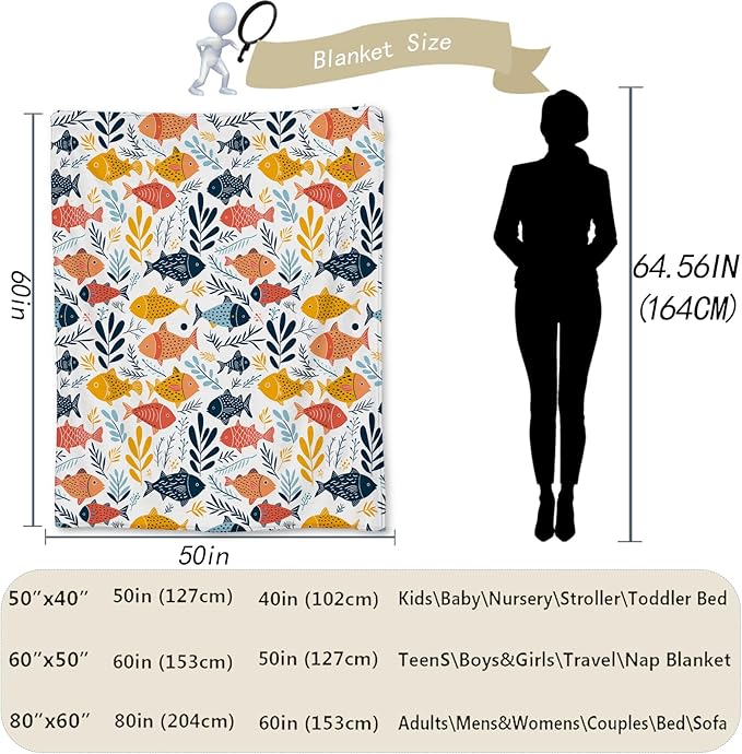 Cartoon Fish Blanket | Soft Warm Fuzzy Lightweight Flannel Throw Blanket Perfect for Couch, Bed, Decor, Travel & Outdoor Use, Cozy Blankets for Adults Women Girls 50×40 in