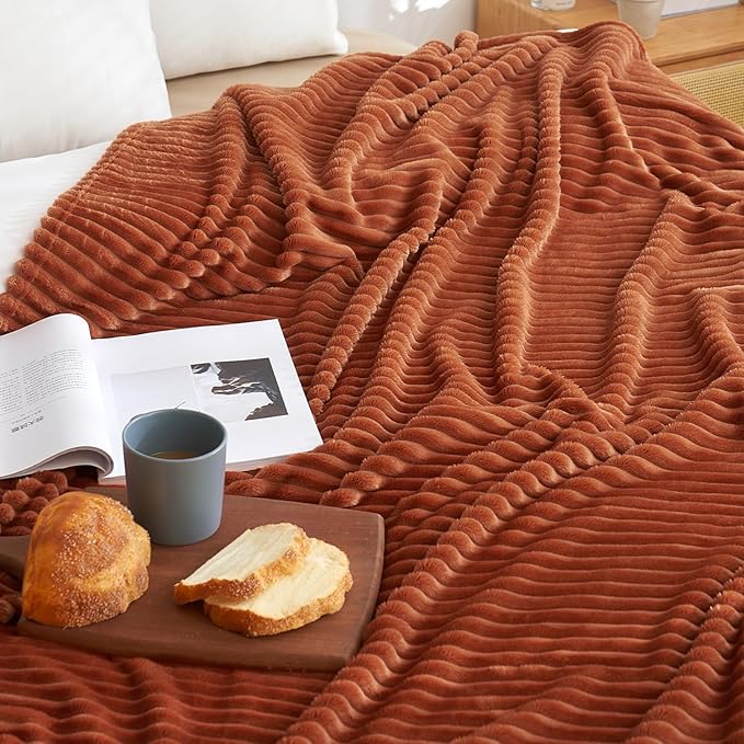 MIULEE Rust Throw Blanket 3D Ribbed Jacquard Fleece Flannel Velvet Plush Decorative Bed Blanket (Throw, 50" x 60") - Super Soft, Lightweight, Warm and Cozy for Couch Sofa Fall Home Decor
