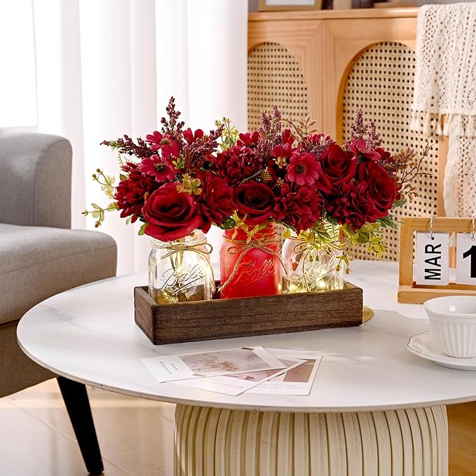 BLEUM CADE Centerpiece Table Decorations - Mason Jar Lights Centerpiece for Kitchen Dining Table Farmhouse Coffee Table Wedding Home Decor with 3 Jars Artificial Flowers & Wood Tray