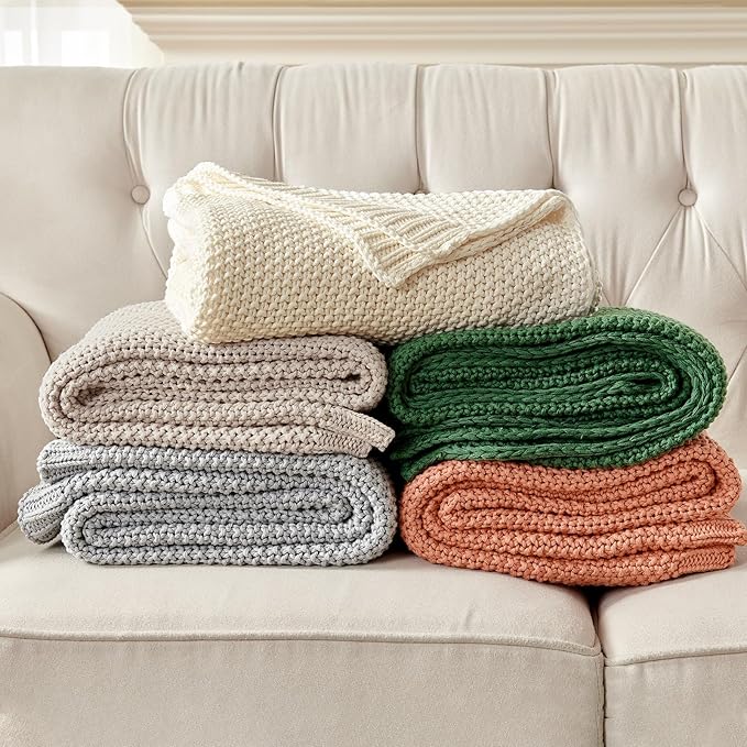 Joydeco Chunky Cable Knit Throw Blanket, Lightweight 100% Organic Cotton Soft Cozy Throw Twin Blanket for Couch Bed and Sofa, Rustic Breathable Farmhouse Blanket Gift for Women Men(Beige, 51"x63")