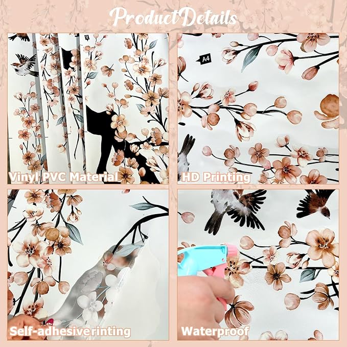 Large Cherry Blossom Tree Wall Stickers,4 Sheets Spring Light Pink Flower Bird Wall Decals Peel and Stick Waterproof Wall Murals Decor for Living Room Bedroom (Light Pink, 11.8*35.4inch)
