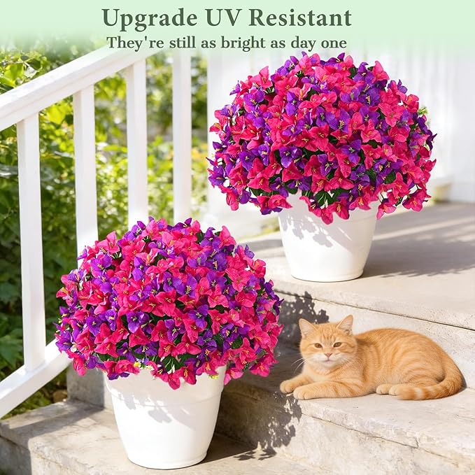 Yastouay 16 Bundles Artificial Flowers for Outdoors, Bougainvillea Fake Flowers for Outside, UV Resistant Silk Outdoor Faux Plants for Porch Patio Planter Front Door Garden Decor(Fuchsia Hot Pink)