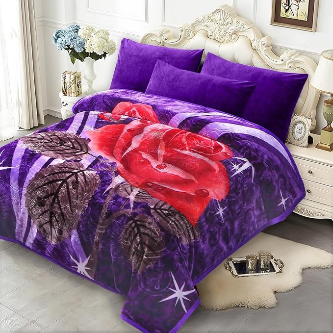 JYK Soft Korean Mink Blanket, 5 LB Fleece Queen 75'' x 87'' - 2 Ply Reversible 520GSM Super Soft Plush, Thick, Warm Bed Blanket for Autumn Winter - Purple, Rose/Camellia