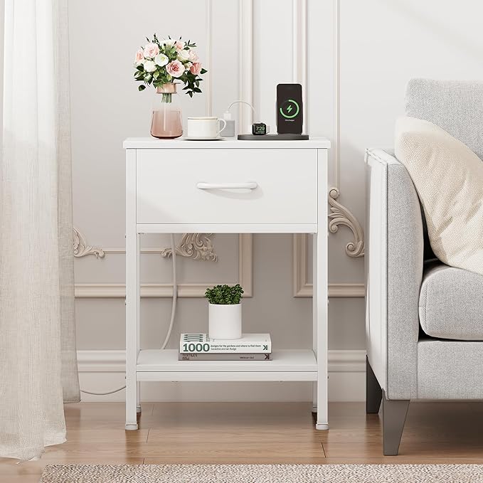 Vagusicc White Nightstand with Charging Station, End Table with Fabric Drawer, Small Side Table with 2-Tier Storage Shelves, 25.4" Tall Bedside Table, White Night Stand for Bedroom, Living Room, Dorm