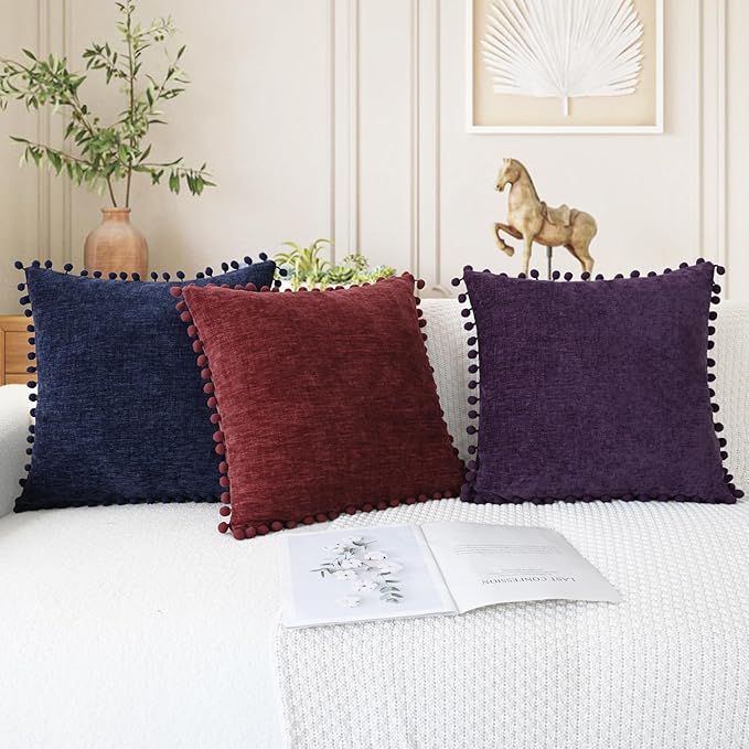CaliTime Throw Pillow Covers Decorative 20 X 12 Inches Pack of 2 Cozy Solid Dyed Soft Chenille Cushion Cases with Pom Poms for Couch Sofa Bed Living Room Home Navy Blue